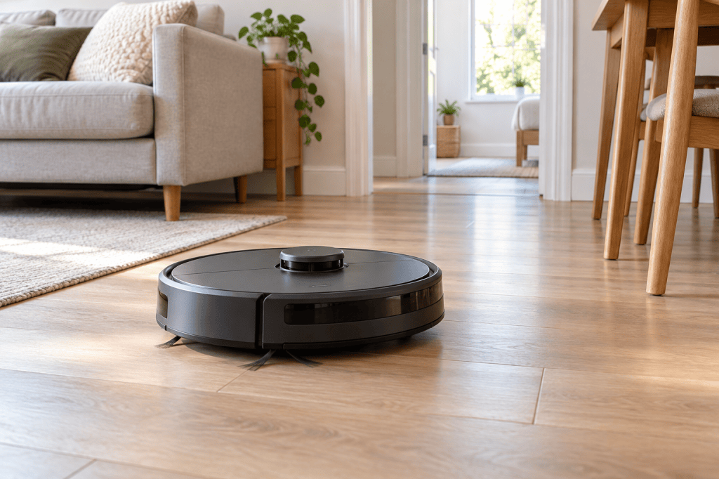 Robot aspirador con torreta de navegación láser recorriendo un salón