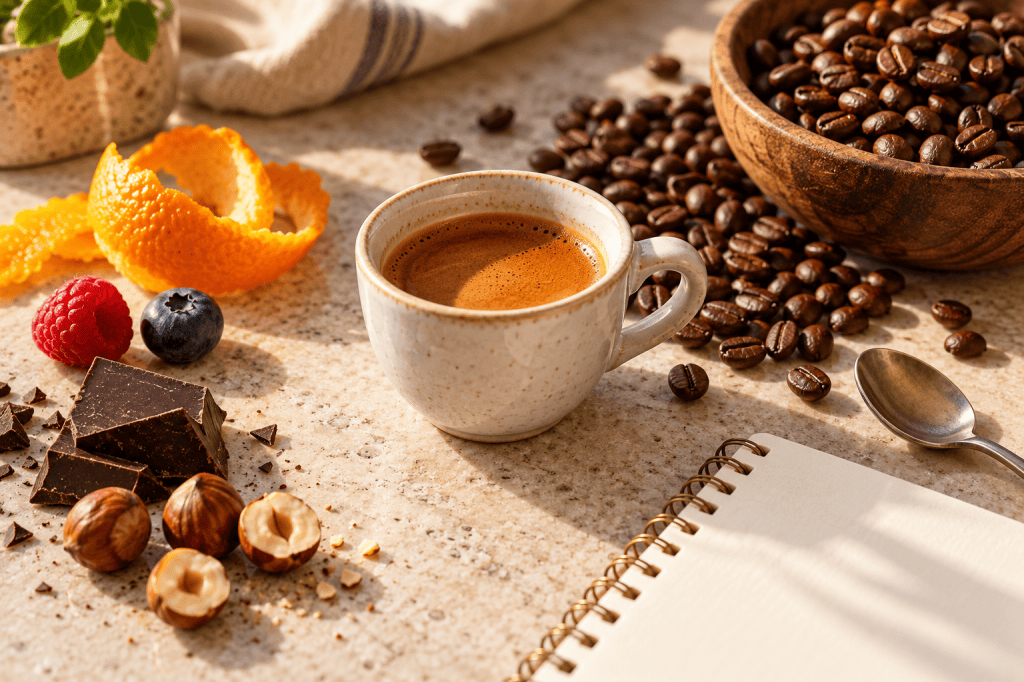 Taza de espresso junto a café en grano, naranja, frutos rojos, chocolate negro y avellanas como referencias de cata