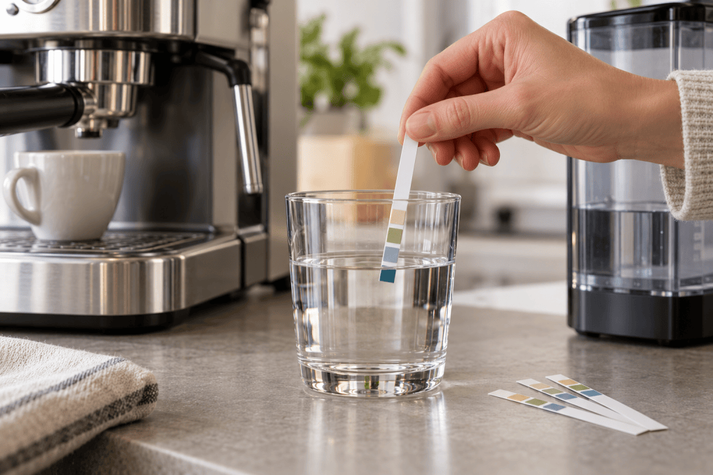 Tira de prueba de dureza del agua dentro de un vaso junto a una cafetera espresso