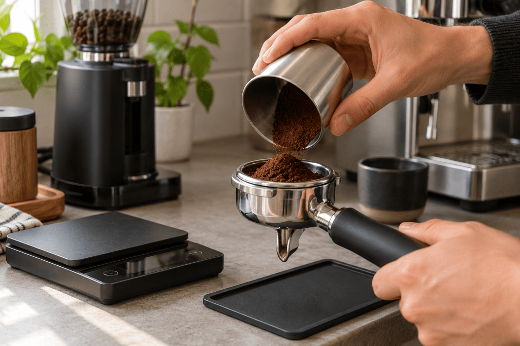 Vaso metálico de dosificación transfiriendo café molido a un portafiltro