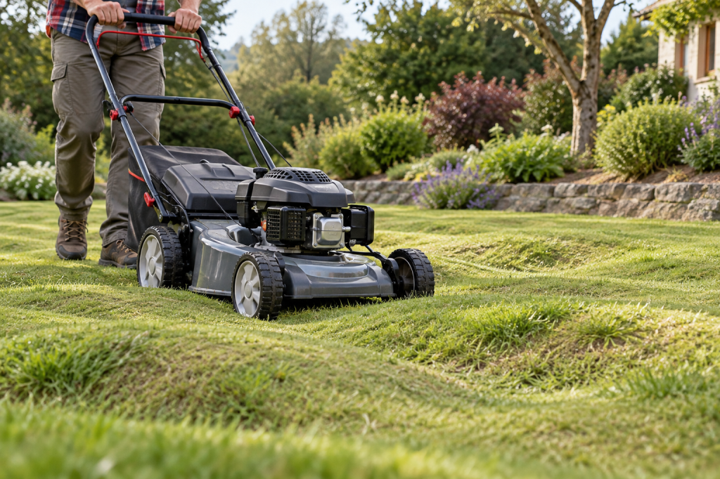 Cortacésped compacto avanza sobre ondulaciones suaves en un jardín
