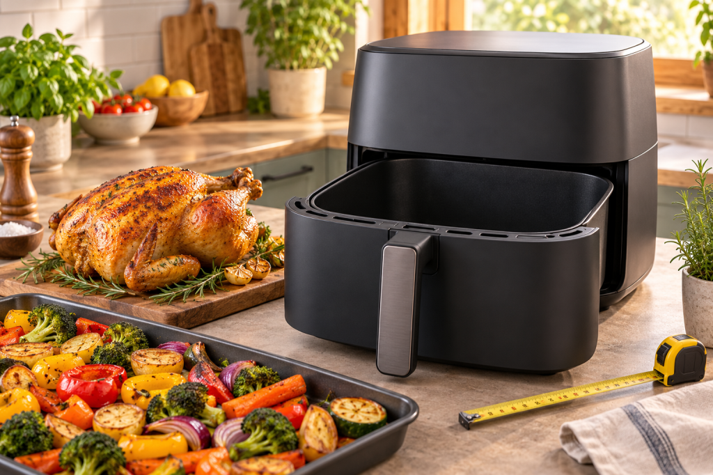Freidora de aire de gran capacidad junto a un pollo asado, una bandeja de verduras y una cinta métrica.