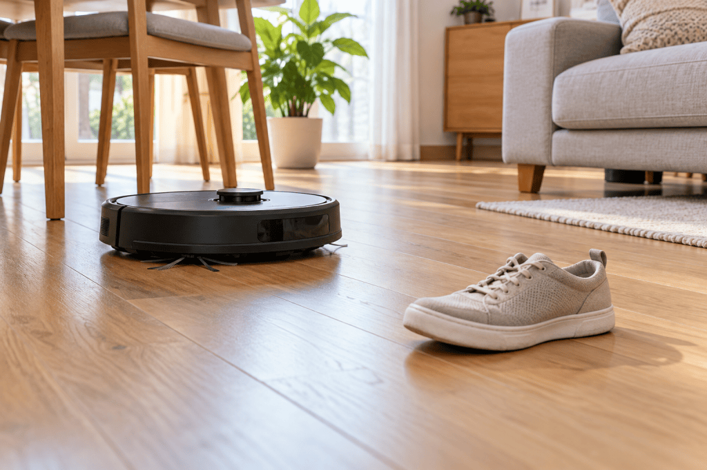 Robot aspirador acercándose a una zapatilla en el suelo de un salón