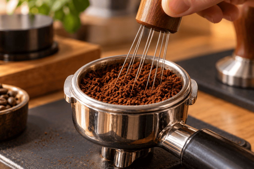 Agujas finas de una herramienta WDT removiendo café molido en una cesta de portafiltro