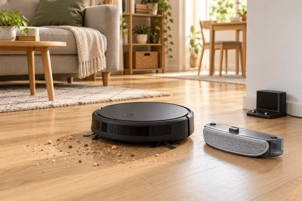 Robot aspirador compacto junto a una mopa extraíble en un salón luminoso