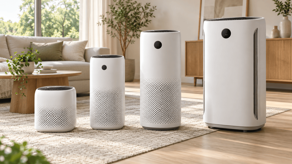 Cuatro purificadores de aire Philips representados en tamaños crecientes en un salón