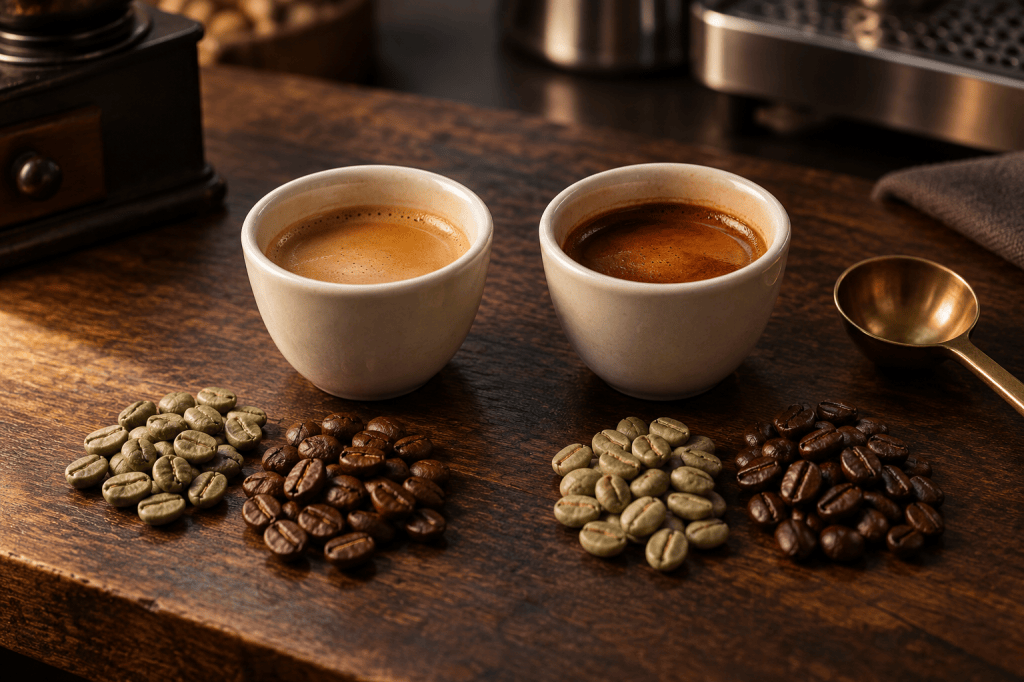 Dos tazas de espresso con perfiles distintos junto a granos verdes y tostados para comparar arábica y robusta
