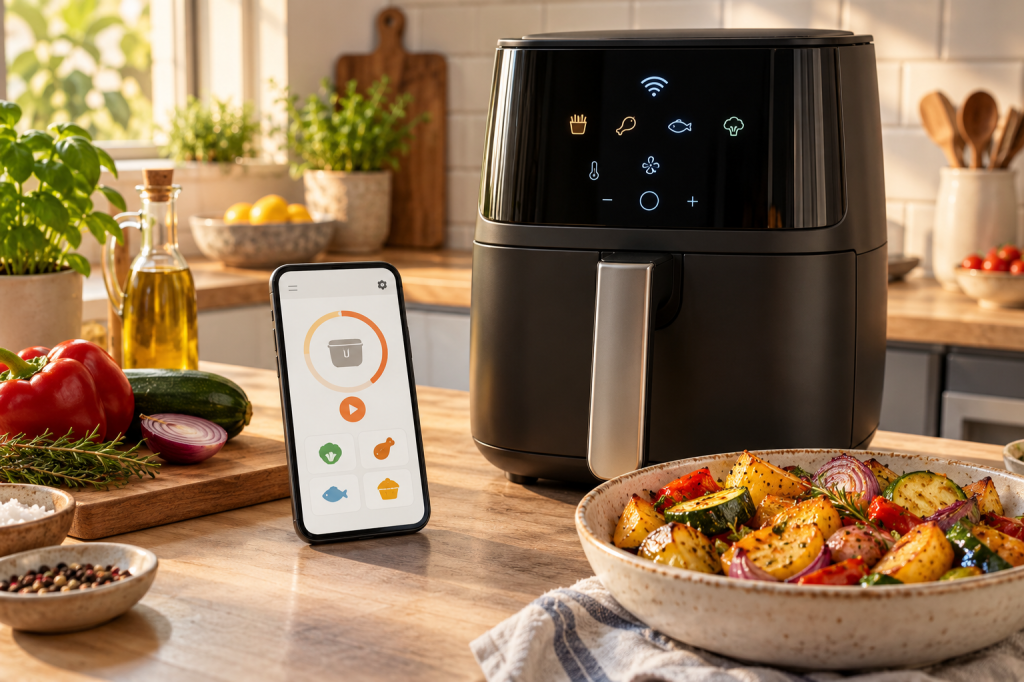 Freidora de aire conectada y teléfono con una aplicación de temporizador y recetas en una cocina.