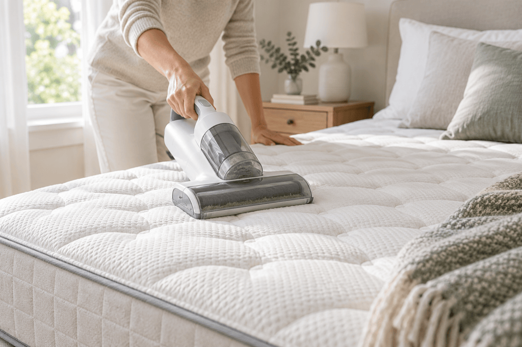 Una persona pasa un aspirador compacto de colchones sobre la superficie de una cama en un dormitorio luminoso.