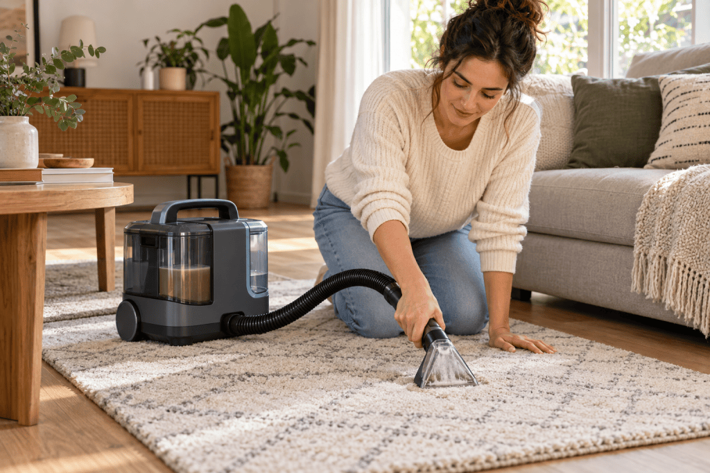 Una persona utiliza una máquina portátil de inyección-extracción en una alfombra pequeña junto al sofá.