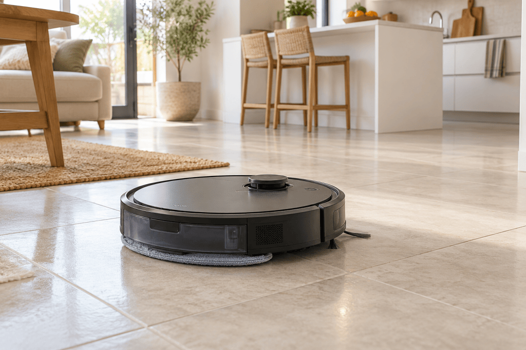 Robot aspirador con mopa de microfibra limpiando el suelo de una cocina