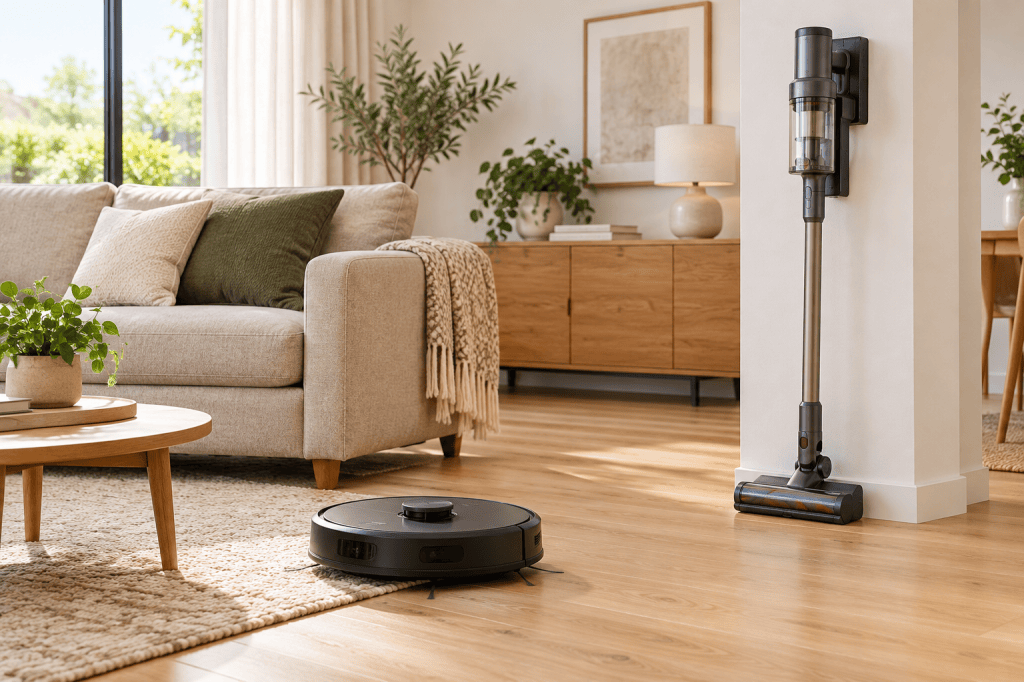 Robot aspirador limpiando el suelo junto a una aspiradora escoba sin cable guardada en su soporte