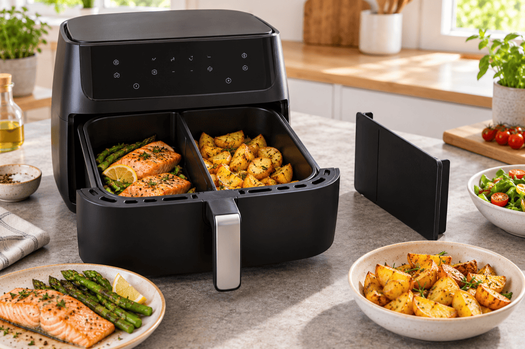 Freidora de aire de gran capacidad con divisor extraíble para cocinar en una o dos zonas
