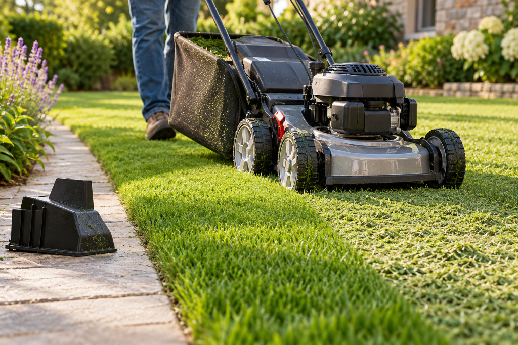 Cortacésped con recogedor y accesorio mulching junto a restos finos de hierba