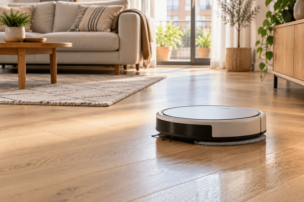 Robot aspirador con mopa limpiando un suelo de madera en un salón luminoso