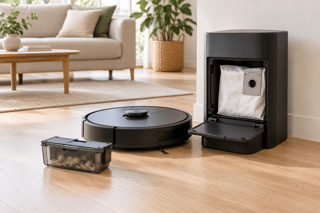 Robot aspirador junto a una base de autovaciado con bolsa y un depósito de polvo extraíble