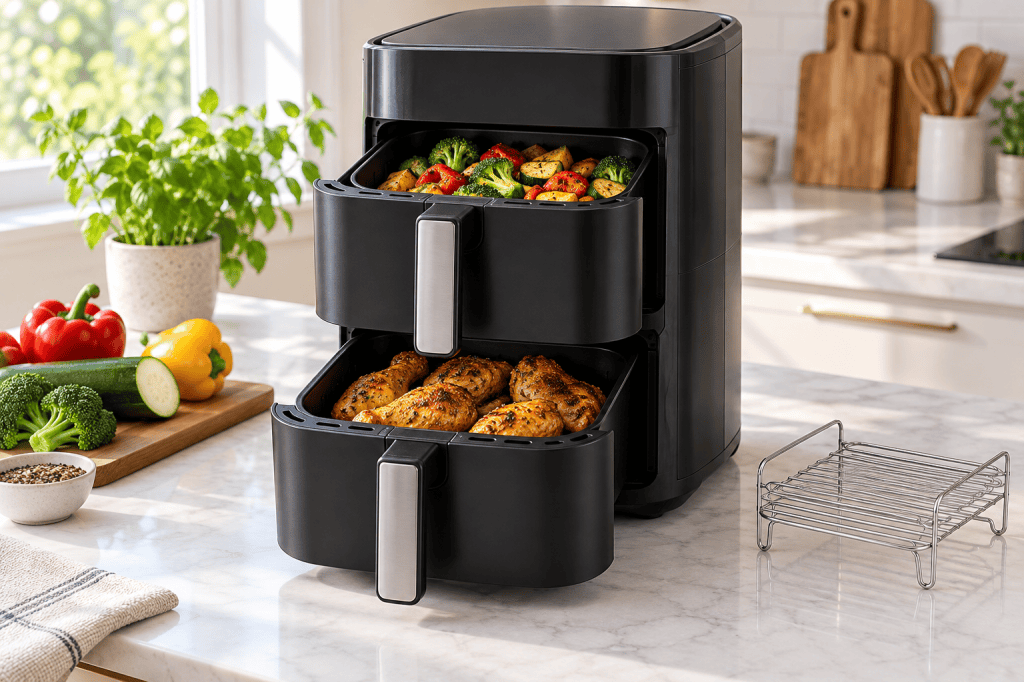 Freidora vertical de doble cesta apilada junto a una rejilla extraíble para cocinar en varios niveles.