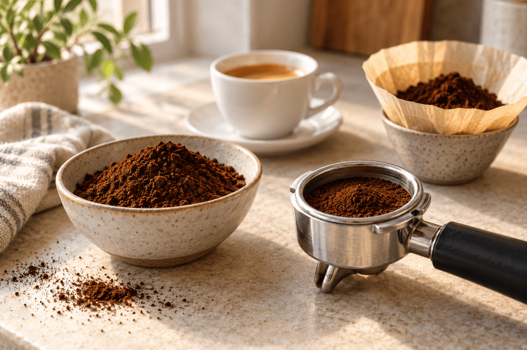 Café molido en un cuenco y en el portafiltro de una cafetera espresso manual, con una taza al fondo