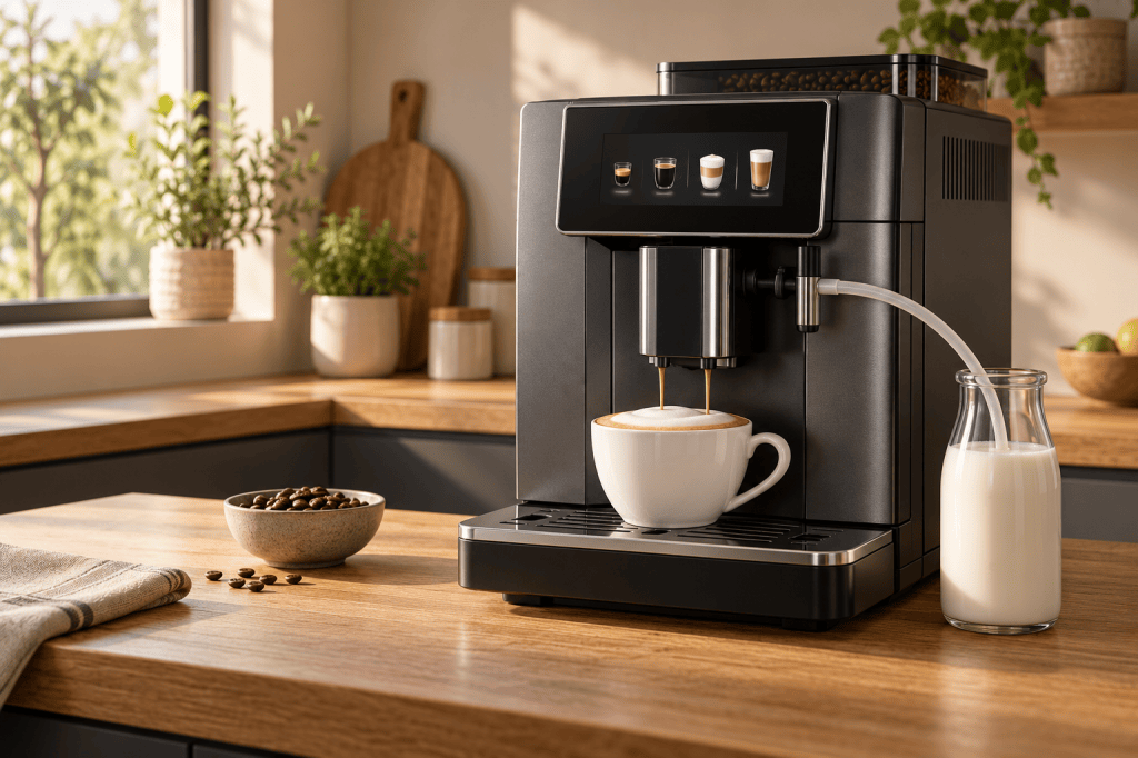 Cafetera superautomática con tubo de leche preparando un cappuccino en una cocina luminosa