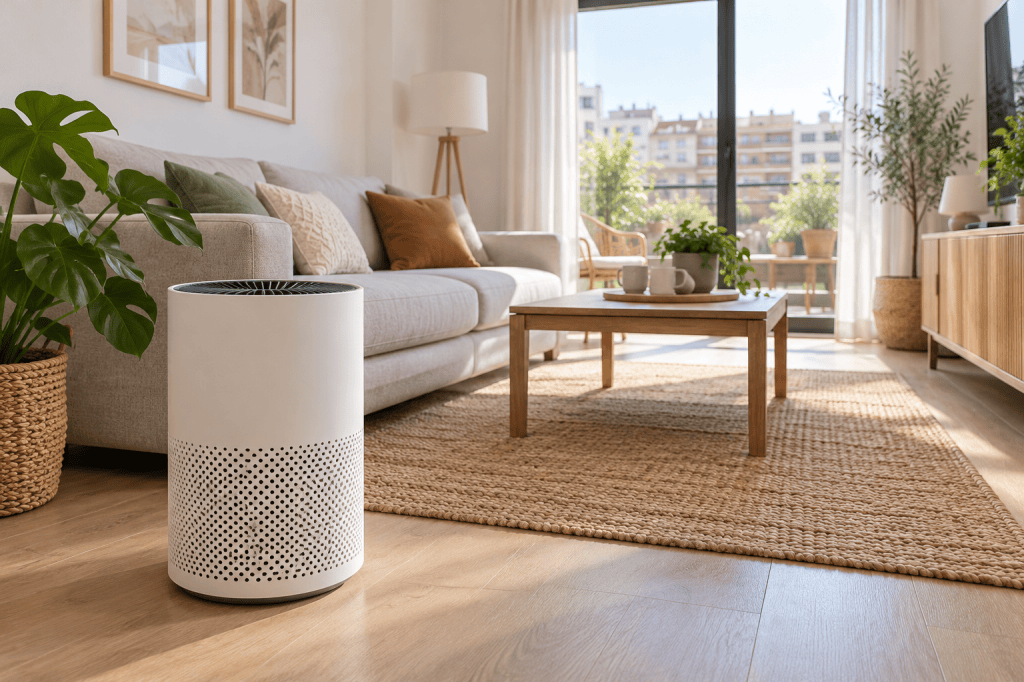 Purificador de aire en primer plano en un salón amplio y luminoso
