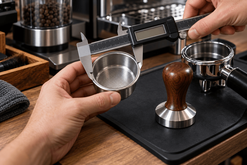 Calibre midiendo el interior de una cesta de espresso junto a la base de un tamper