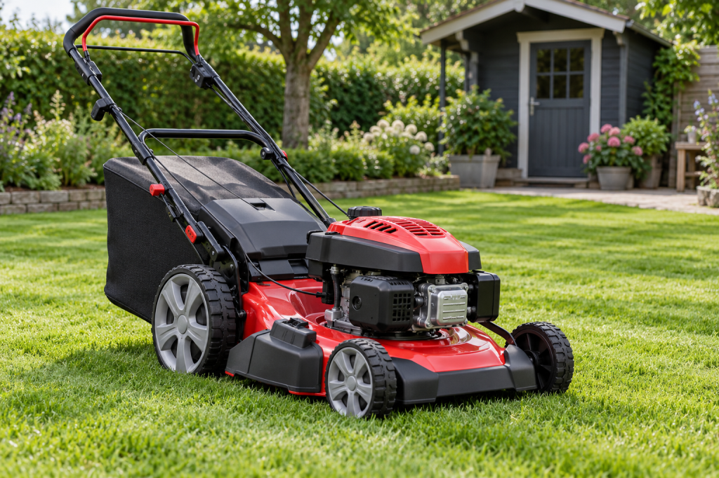 Cortacésped de gasolina rojo y negro con recogedor en un jardín doméstico