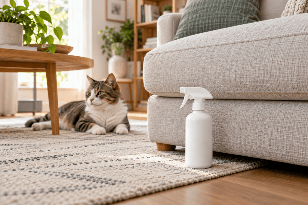 Un gato descansa junto a un sofá de tela y una botella blanca de limpiador sin marca, como escena ilustrativa de limpieza doméstica.