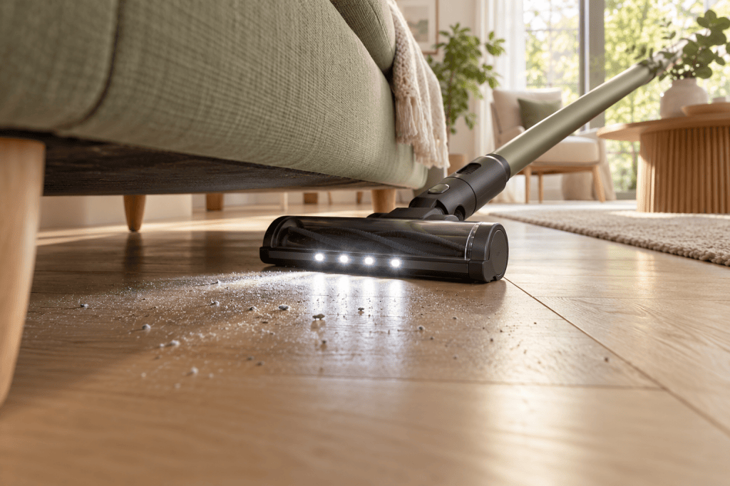 Luces LED de un cabezal de aspiradora iluminando polvo y pequeñas migas en el suelo bajo un sofá
