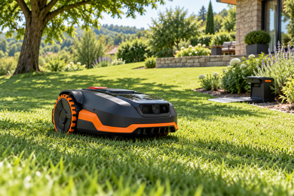Cortacésped robot compacto negro y naranja junto a su estación de carga en un jardín con césped en sombra y pendiente suave