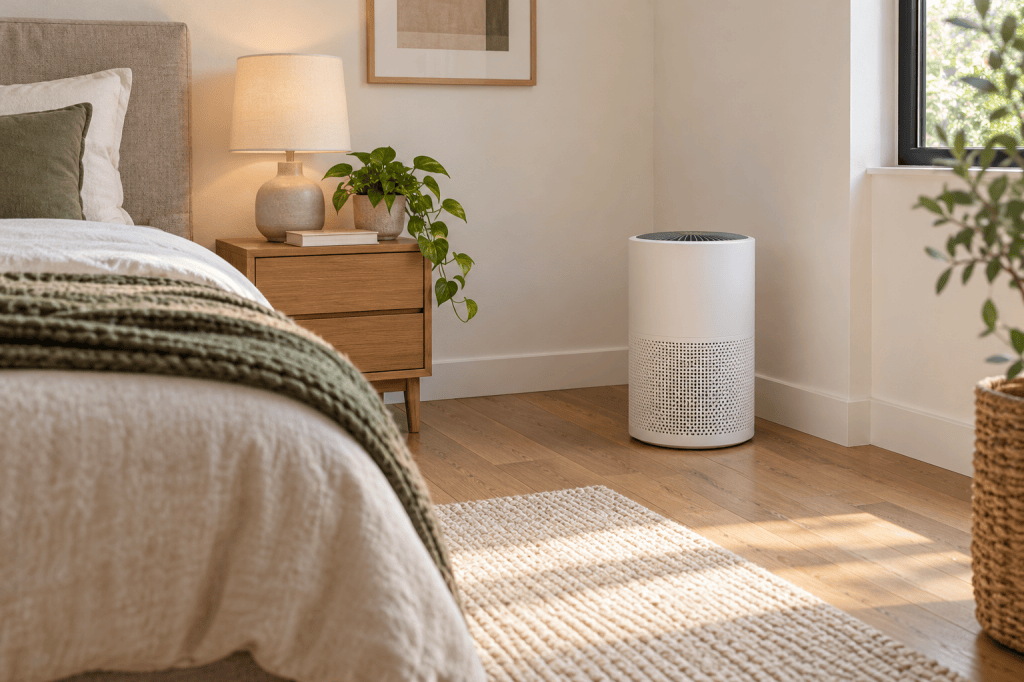 Purificador de aire con espacio libre alrededor en un dormitorio