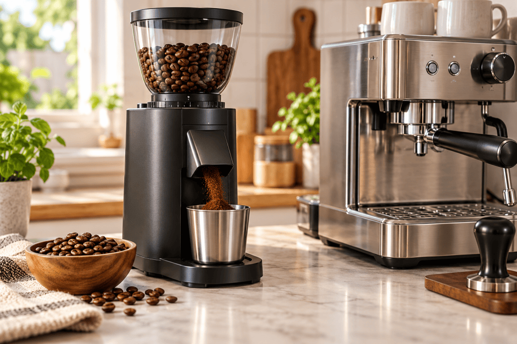 Molinillo eléctrico de muelas junto a una cafetera espresso manual y un portafiltro