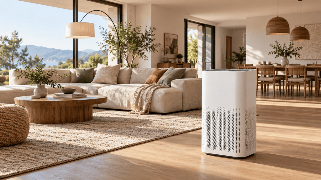 Purificador de aire de gran formato en un salón amplio y abierto