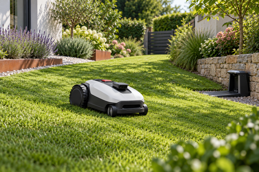 Robot cortacésped compacto blanco y negro trabajando en un jardín con pendiente suave, parterres y estación de carga