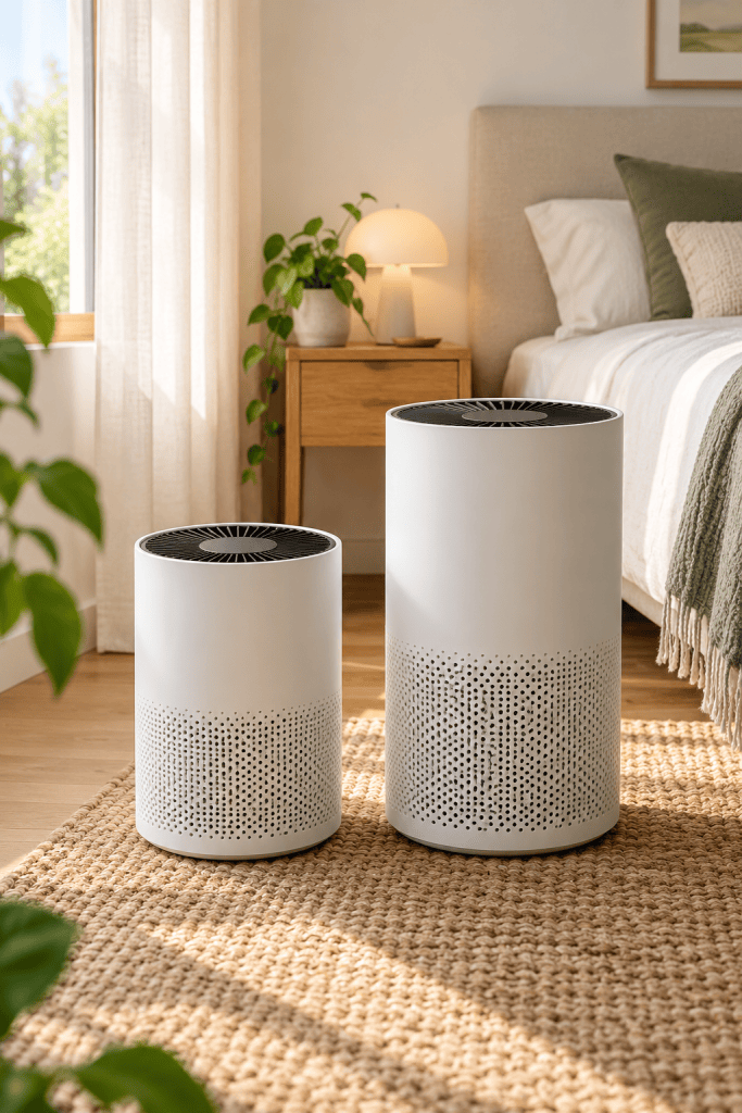 Dos purificadores Xiaomi de estilo cilíndrico, uno compacto y otro más alto, en un dormitorio