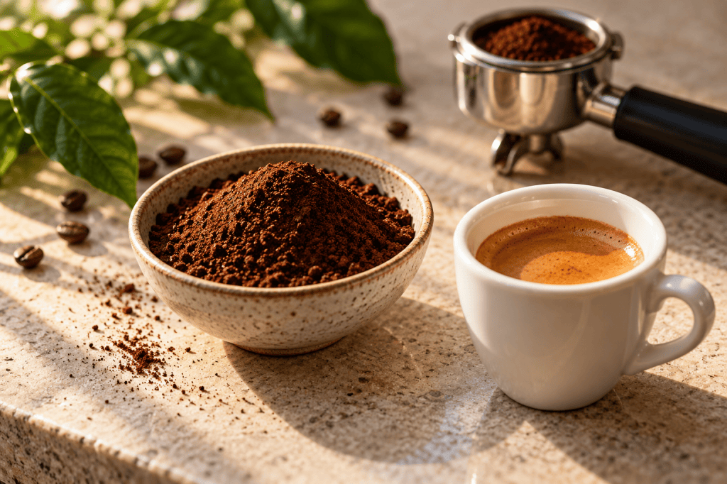Café molido junto a una taza de espresso y hojas verdes sobre una encimera clara