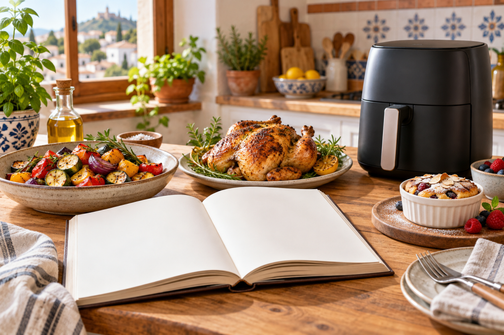 Recetario abierto con una freidora de aire y varios platos preparados en una cocina luminosa
