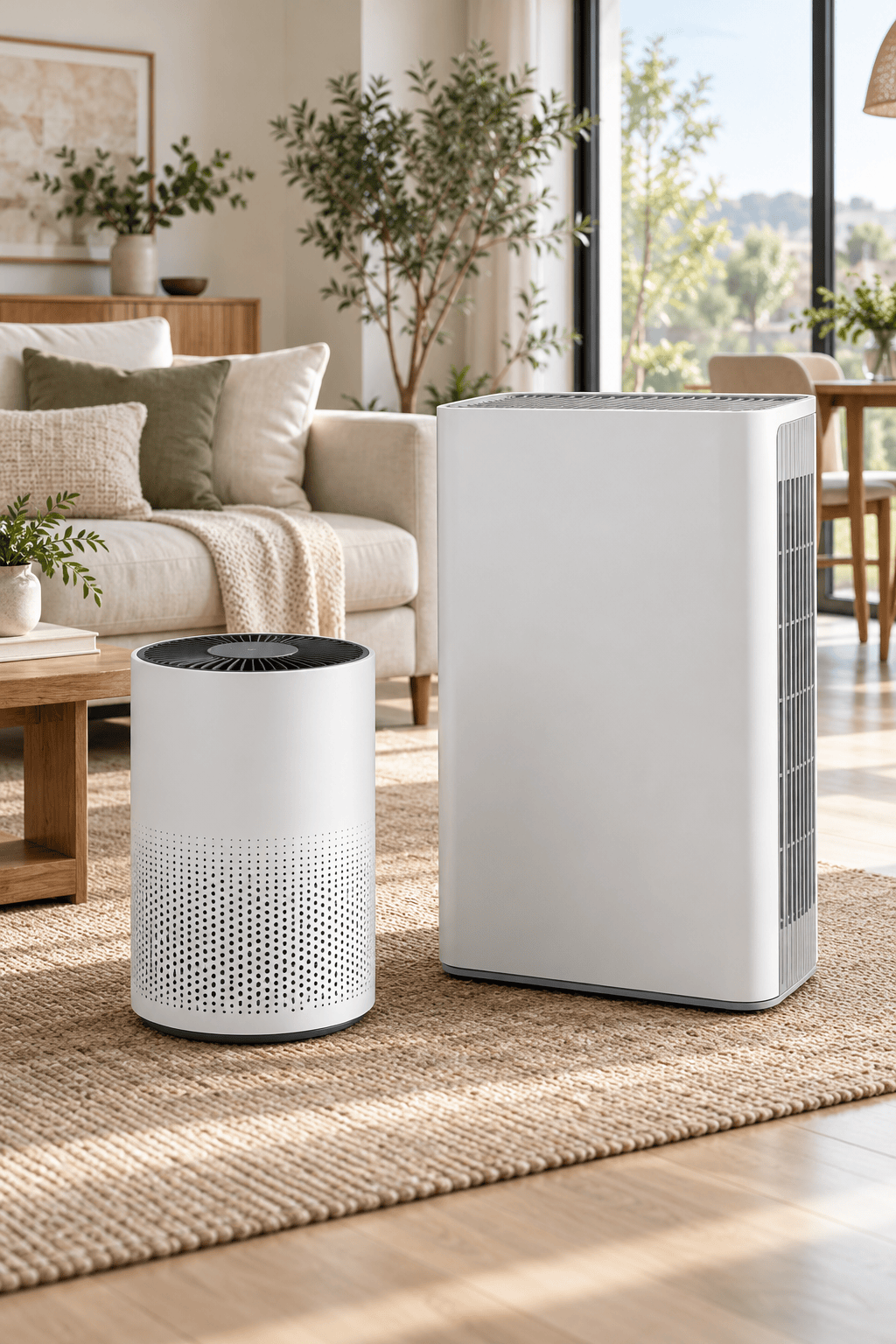Purificador cilíndrico compacto y purificador rectangular de mayor tamaño en un salón amplio