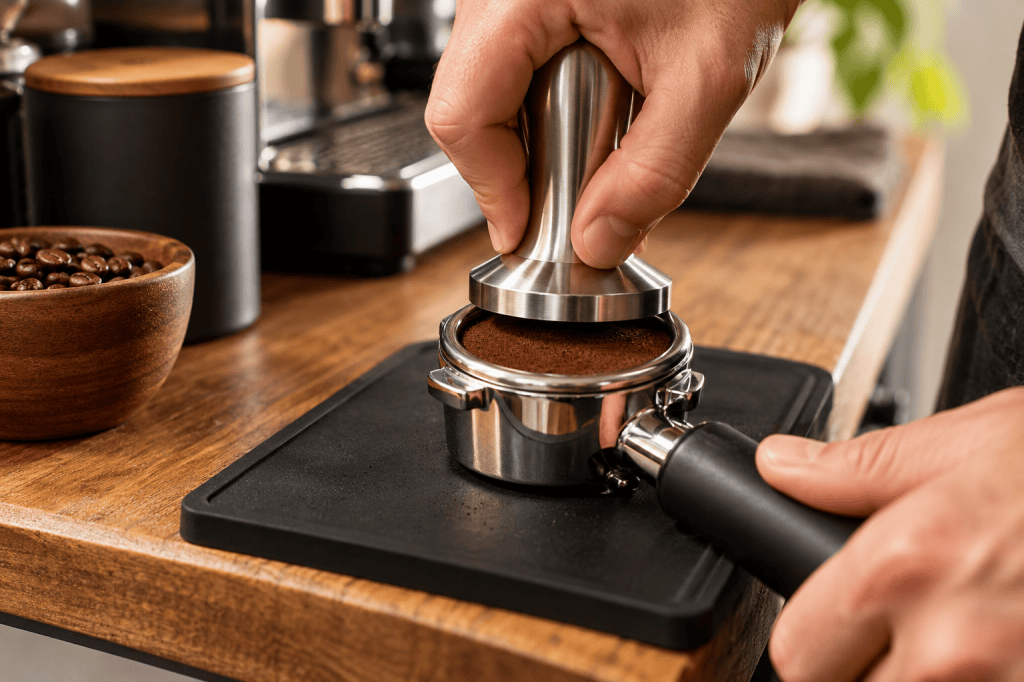Mano prensando café molido en un portafiltro con un tamper de acero