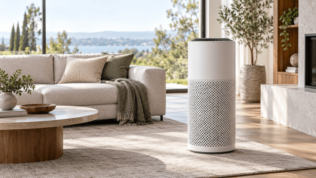 Purificador de aire cilíndrico de alta capacidad en un salón amplio y luminoso