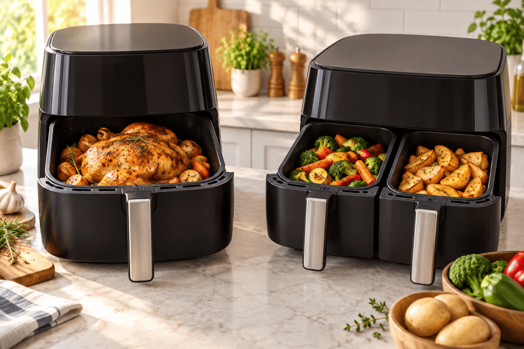 Freidora de cesta única con pollo asado junto a freidora doble con verduras y patatas separadas.