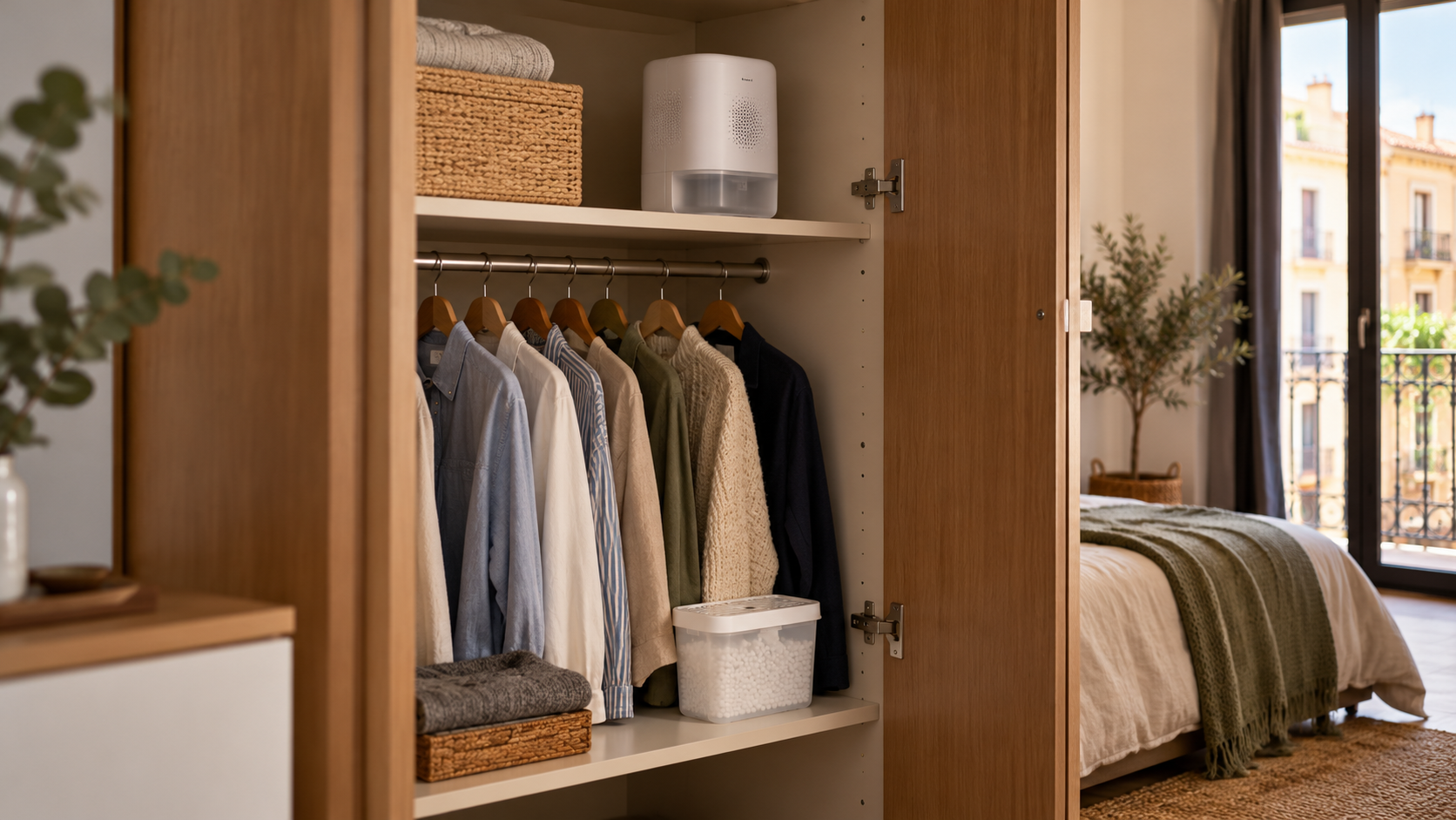 Armario abierto con ropa, un mini deshumidificador eléctrico y un recipiente absorbente de humedad en estantes separados.
