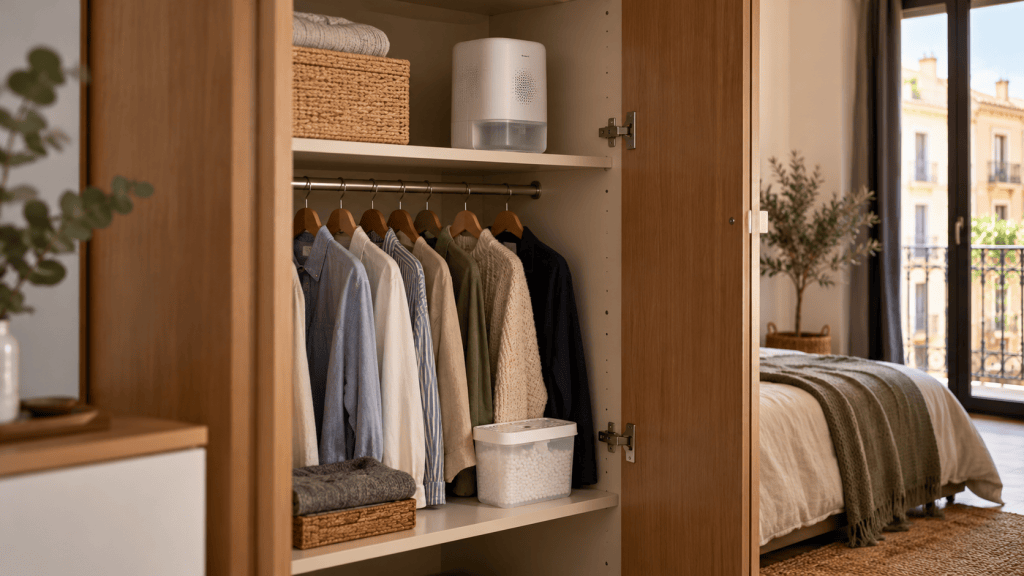 Armario abierto con ropa, un mini deshumidificador eléctrico y un recipiente absorbente de humedad en estantes separados.