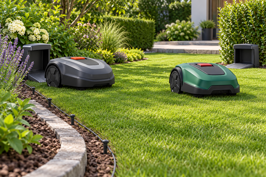 Dos robots cortacésped grises y verdes junto a sus bases en un jardín delimitado con cable y piquetas