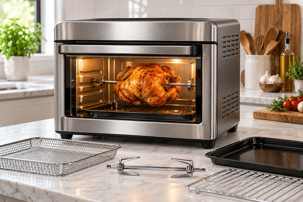 Horno freidora de aire con pollo giratorio en un rustidor y bandejas de cocción