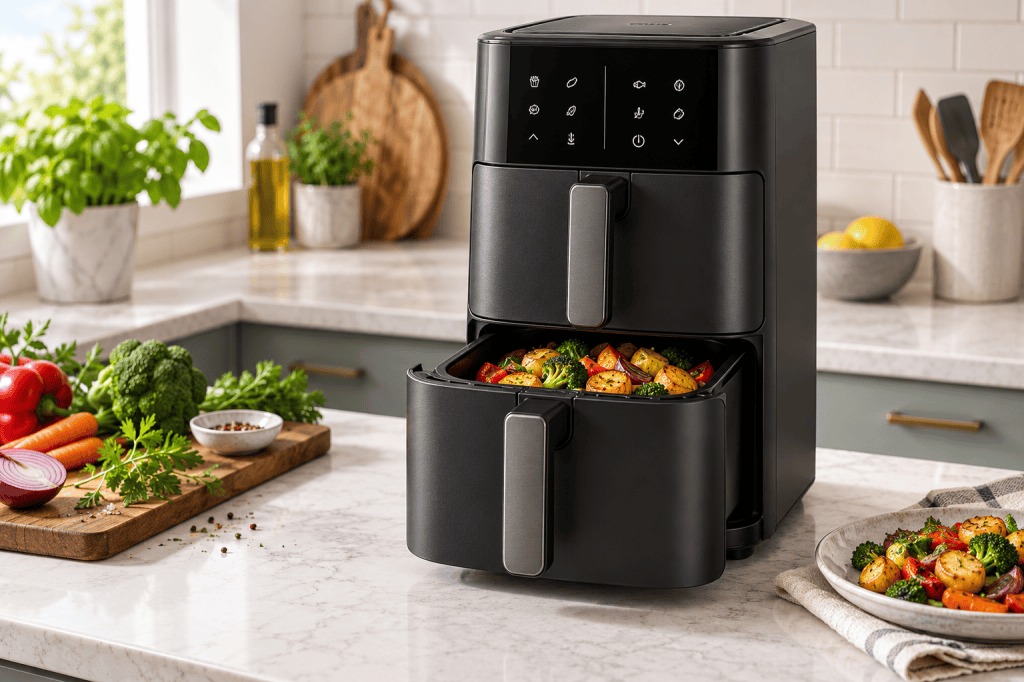 Freidora vertical de aire con dos cajones superpuestos y uno abierto con verduras