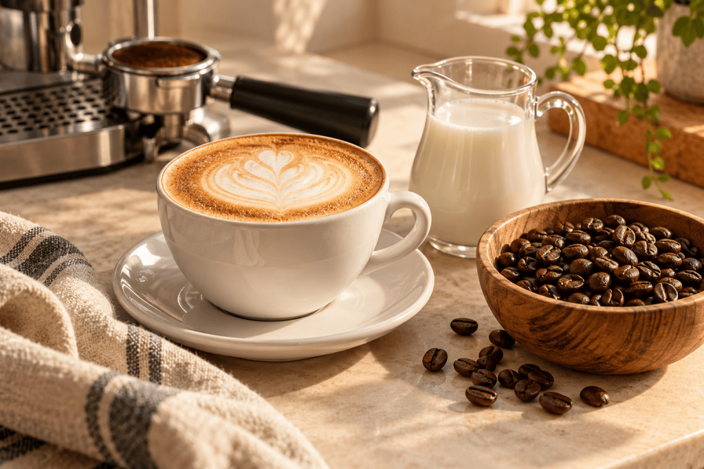 Cappuccino con latte art junto a una jarra de leche y café en grano