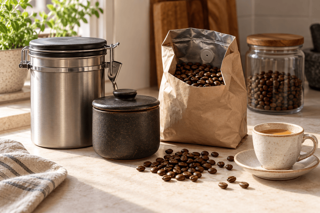 Bolsa de café abierta junto a un recipiente hermético metálico, un tarro cerámico y un frasco de vidrio con granos