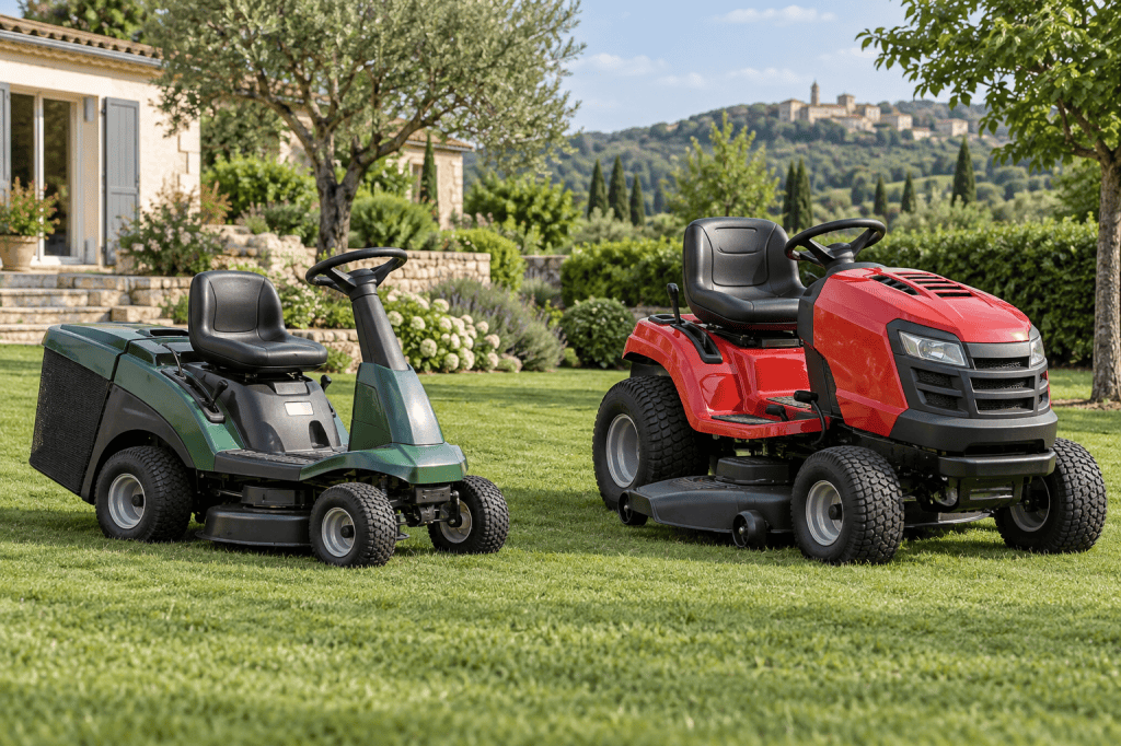 Cortacésped de asiento compacto y tractor cortacésped de motor delantero aparcados en un jardín amplio