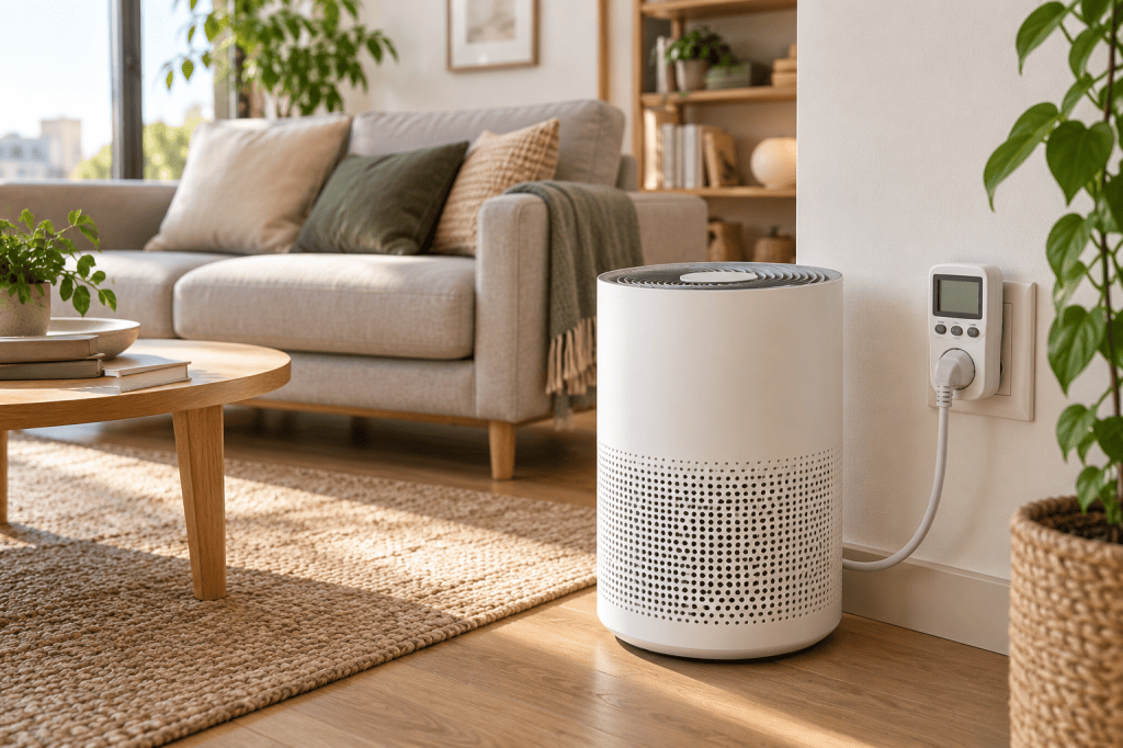 Purificador de aire junto a un medidor de consumo eléctrico en un salón