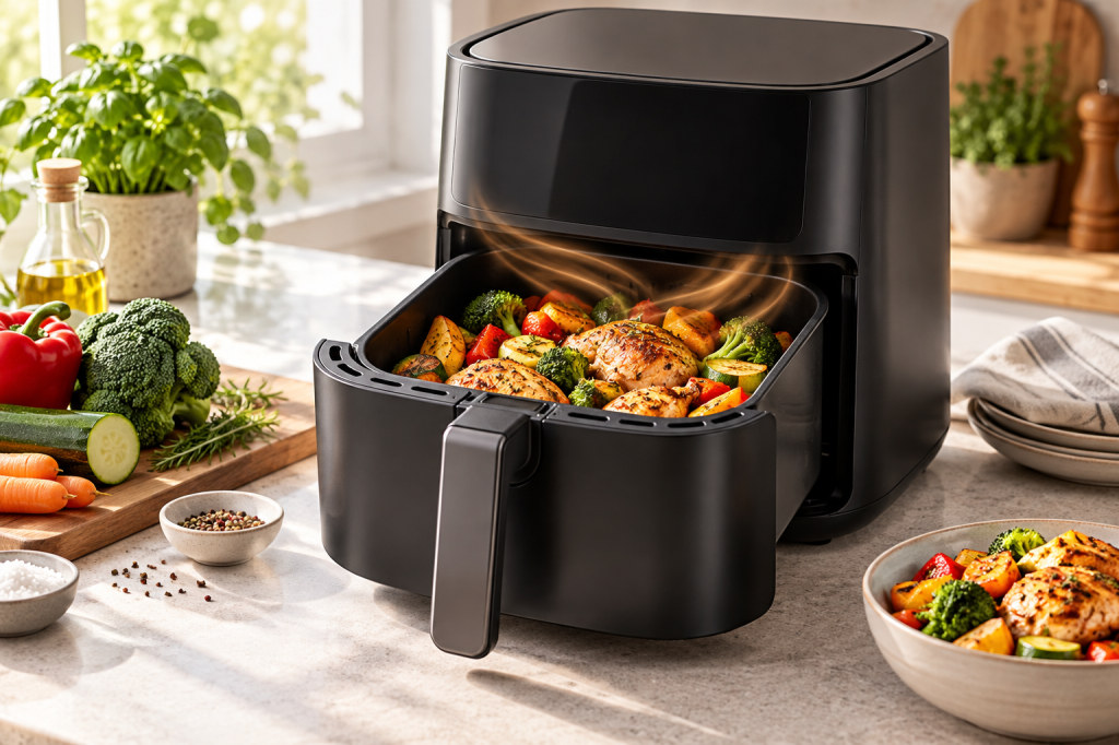 Freidora de aire compacta con cesta de verduras y pollo asado, representando un modelo de 6 litros.